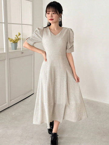 FRIFUL Women's Plaid Pleated Bubble Sleeve Dress