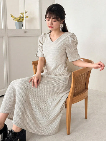 FRIFUL Women's Plaid Pleated Bubble Sleeve Dress