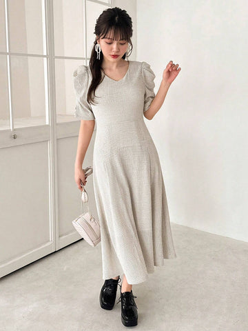 FRIFUL Women's Plaid Pleated Bubble Sleeve Dress
