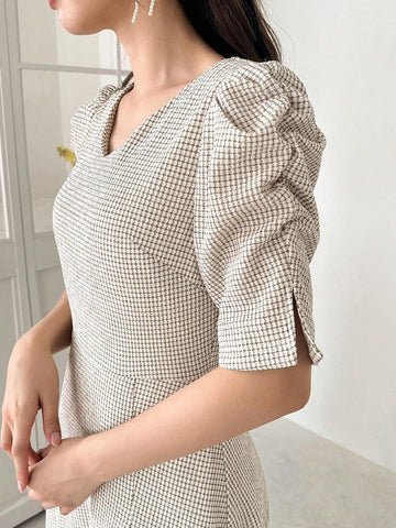 FRIFUL Women's Plaid Pleated Bubble Sleeve Dress