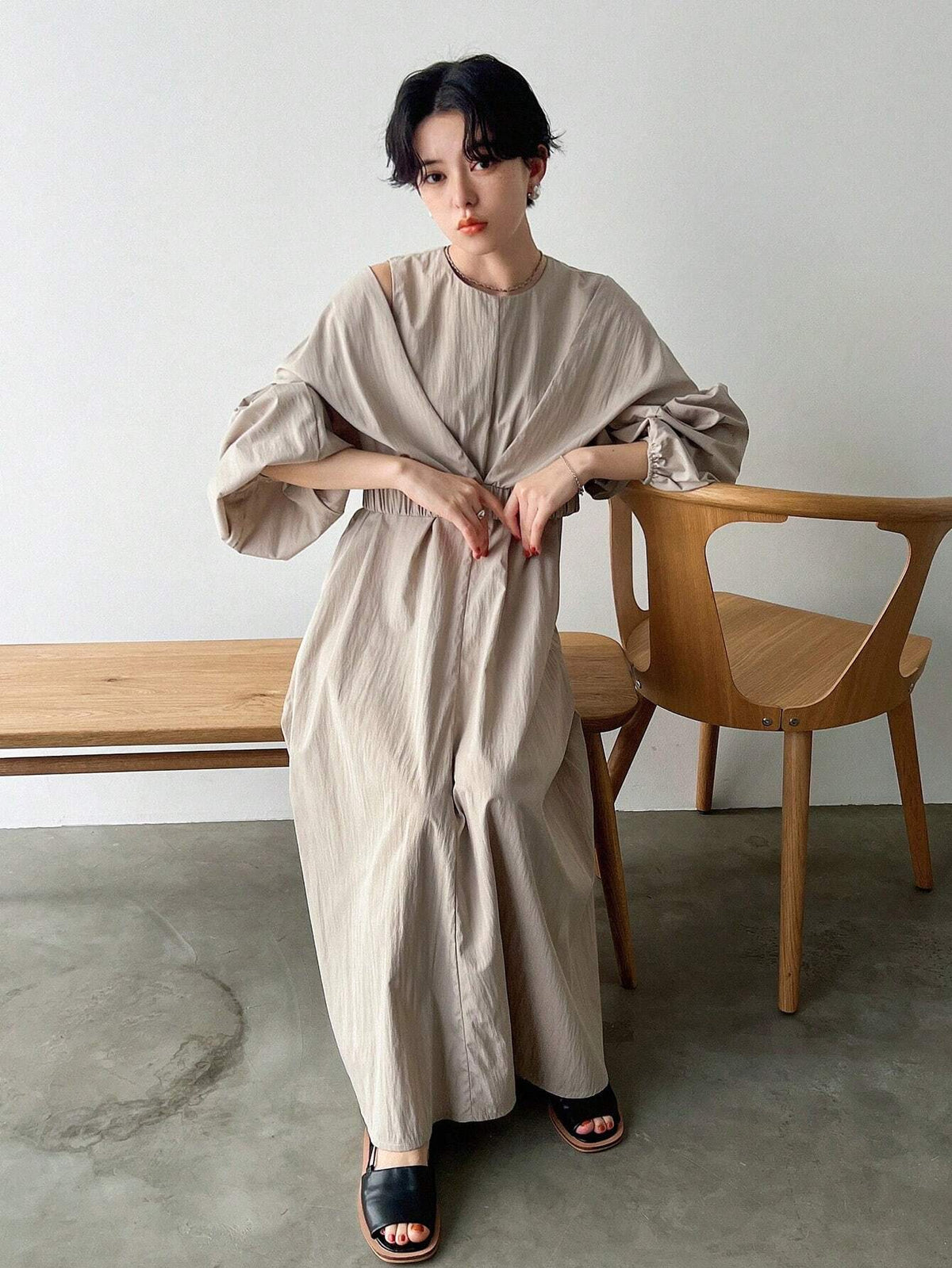 FRIFUL Women's Pure Color Deep V-Neck Lantern Sleeve Cropped Top And Round Neck Sleeveless Loose Dress Two Pieces Set For Spring/Summer