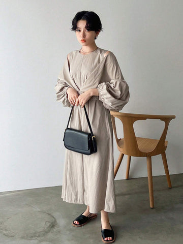 FRIFUL Women's Pure Color Deep V-Neck Lantern Sleeve Cropped Top And Round Neck Sleeveless Loose Dress Two Pieces Set For Spring/Summer