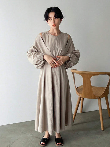 FRIFUL Women's Pure Color Deep V-Neck Lantern Sleeve Cropped Top And Round Neck Sleeveless Loose Dress Two Pieces Set For Spring/Summer