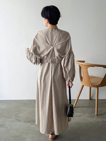 FRIFUL Women's Pure Color Deep V-Neck Lantern Sleeve Cropped Top And Round Neck Sleeveless Loose Dress Two Pieces Set For Spring/Summer