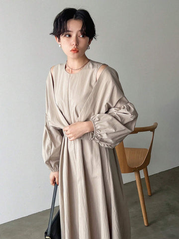 FRIFUL Women's Pure Color Deep V-Neck Lantern Sleeve Cropped Top And Round Neck Sleeveless Loose Dress Two Pieces Set For Spring/Summer