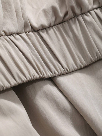 FRIFUL Women's Pure Color Deep V-Neck Lantern Sleeve Cropped Top And Round Neck Sleeveless Loose Dress Two Pieces Set For Spring/Summer