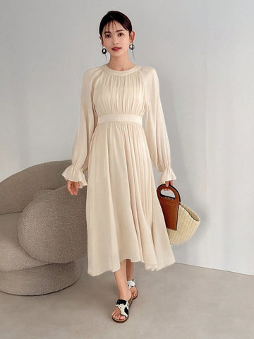 FRIFUL Women's Round Neck Bodycon Dress With Textured Fabric And Waistline Design