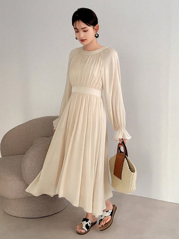 FRIFUL Women's Round Neck Bodycon Dress With Textured Fabric And Waistline Design