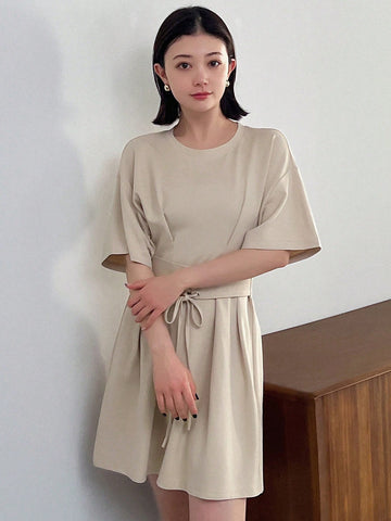 FRIFUL Women's Round Neck Short Sleeve A-Line Dress With Waist Tie