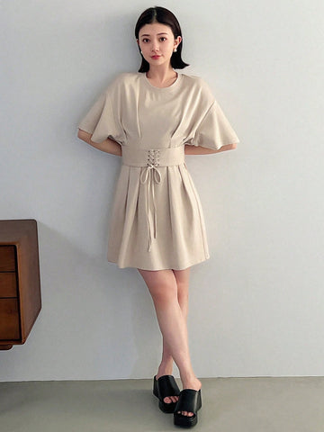 FRIFUL Women's Round Neck Short Sleeve A-Line Dress With Waist Tie
