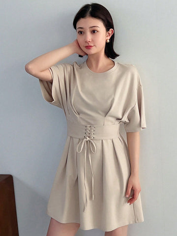 FRIFUL Women's Round Neck Short Sleeve A-Line Dress With Waist Tie