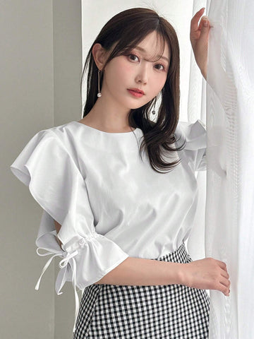 FRIFUL Women's Round Neck Solid Color Drawstring Knot Casual Shirt, Summer