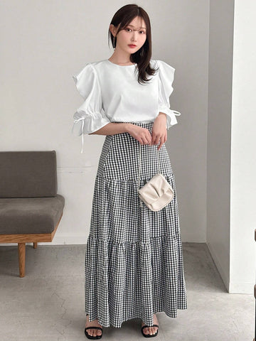 FRIFUL Women's Round Neck Solid Color Drawstring Knot Casual Shirt, Summer