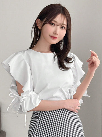 FRIFUL Women's Round Neck Solid Color Drawstring Knot Casual Shirt, Summer