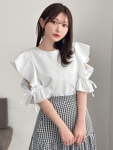 FRIFUL Women's Round Neck Solid Color Drawstring Knot Casual Shirt, Summer