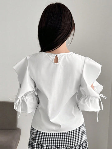 FRIFUL Women's Round Neck Solid Color Drawstring Knot Casual Shirt, Summer