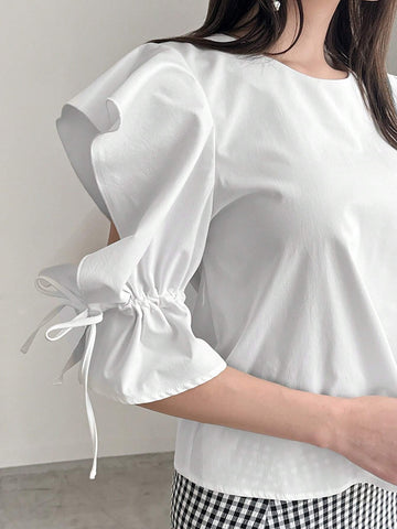 FRIFUL Women's Round Neck Solid Color Drawstring Knot Casual Shirt, Summer