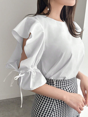 FRIFUL Women's Round Neck Solid Color Drawstring Knot Casual Shirt, Summer