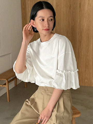 FRIFUL Women's Solid Color Bell Sleeve T-Shirt