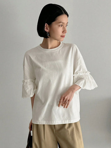 FRIFUL Women's Solid Color Bell Sleeve T-Shirt