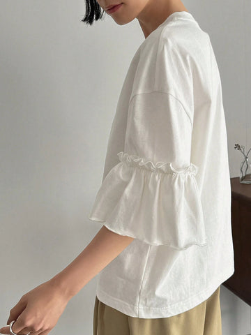 FRIFUL Women's Solid Color Bell Sleeve T-Shirt