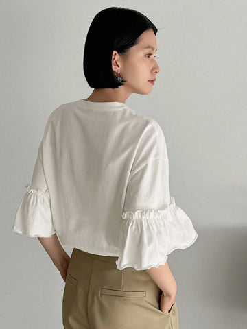 FRIFUL Women's Solid Color Bell Sleeve T-Shirt