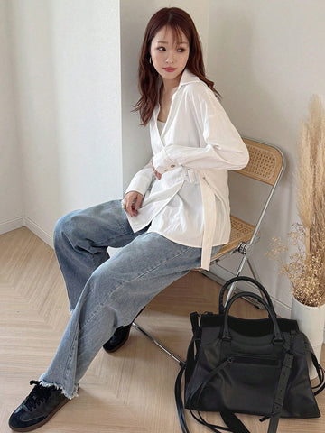 FRIFUL Women's Solid Color Drop Shoulder Long Sleeve Casual Loose Waist Belt Shirt
