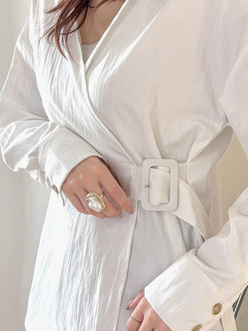 FRIFUL Women's Solid Color Drop Shoulder Long Sleeve Casual Loose Waist Belt Shirt