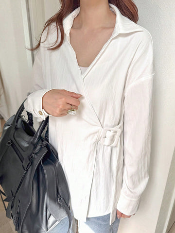 FRIFUL Women's Solid Color Drop Shoulder Long Sleeve Casual Loose Waist Belt Shirt