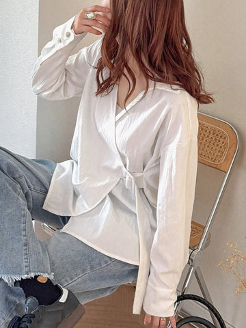 FRIFUL Women's Solid Color Drop Shoulder Long Sleeve Casual Loose Waist Belt Shirt