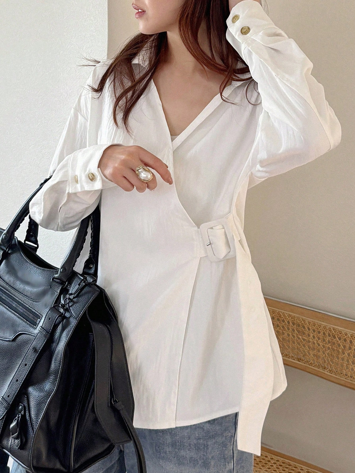 FRIFUL Women's Solid Color Drop Shoulder Long Sleeve Casual Loose Waist Belt Shirt