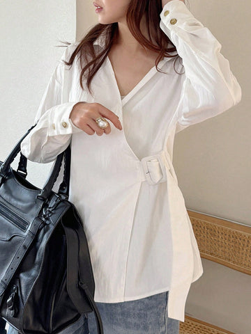 FRIFUL Women's Solid Color Drop Shoulder Long Sleeve Casual Loose Waist Belt Shirt