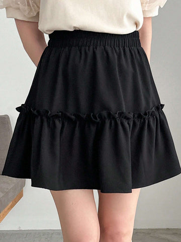 FRIFUL Women's Solid Color Elastic Waist Layered Summer Casual Skirt