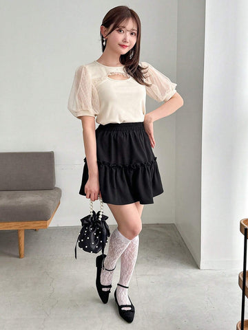 FRIFUL Women's Solid Color Elastic Waist Layered Summer Casual Skirt