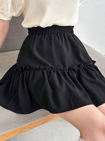 FRIFUL Women's Solid Color Elastic Waist Layered Summer Casual Skirt
