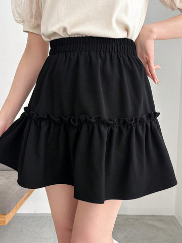 FRIFUL Women's Solid Color Elastic Waist Layered Summer Casual Skirt