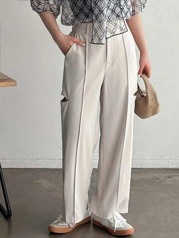 FRIFUL Women's Solid Color Hollow Out Casual Pants With Pockets