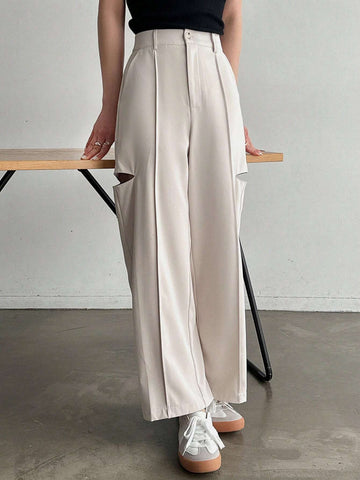 FRIFUL Women's Solid Color Hollow Out Casual Pants With Pockets