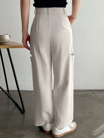 FRIFUL Women's Solid Color Hollow Out Casual Pants With Pockets