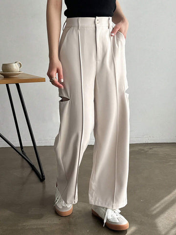 FRIFUL Women's Solid Color Hollow Out Casual Pants With Pockets