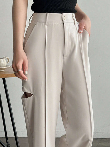 FRIFUL Women's Solid Color Hollow Out Casual Pants With Pockets