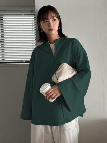 Women's Solid Color Loose Batwing Long Sleeve Zipper Cowl Neck Casual T-Shirt, Spring And Autumn