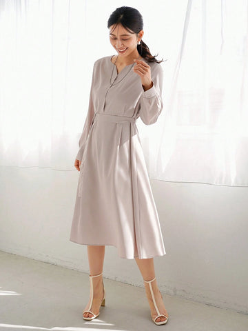FRIFUL Women's Solid Color Notched V-Neck Long Sleeve Belted Dress