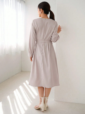 FRIFUL Women's Solid Color Notched V-Neck Long Sleeve Belted Dress