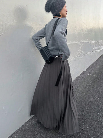FRIFUL Women's Solid Color Pleated Elastic Waist Long Casual Commute Skirt