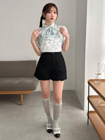 FRIFUL Women's Solid Color Pocketed Pleated Hem Sweet Summer Shorts