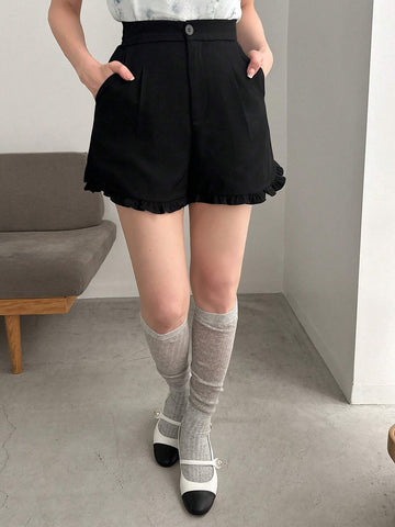 FRIFUL Women's Solid Color Pocketed Pleated Hem Sweet Summer Shorts