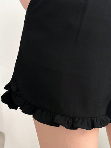 FRIFUL Women's Solid Color Pocketed Pleated Hem Sweet Summer Shorts