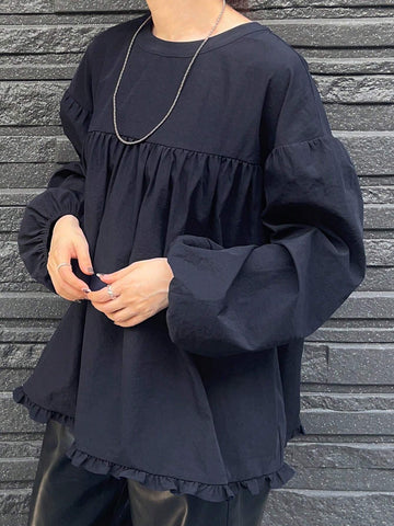 FRIFUL Women's Solid Color Round Neck Drop Shoulder Loose Dolman Blouse, Autumn