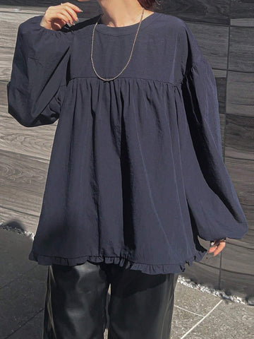 FRIFUL Women's Solid Color Round Neck Drop Shoulder Loose Dolman Blouse, Autumn